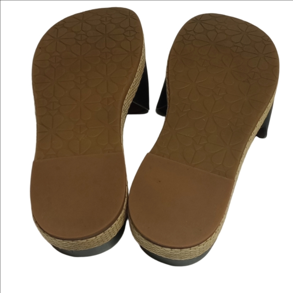 ♠️ KATE SPADE "ZEST" BLACK LEATHER ESPADRILLES SLIDES WITH FRONT GOLD LOGO - Picture 7 of 10